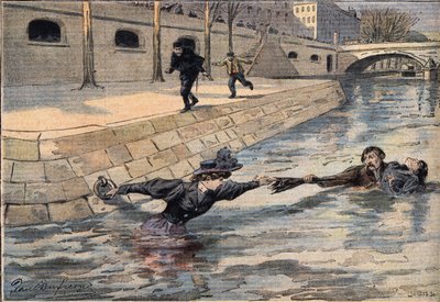 Un sauvetage ingénieux : près du pont du Saint-Père, une femme ayant précipité dans la Seine est sauvée par un homme qui a aidé une autre femme. Gravure du journal « Le Petit Parisien », 8/03/1908. Collection privée. - Anonymous Anonymous