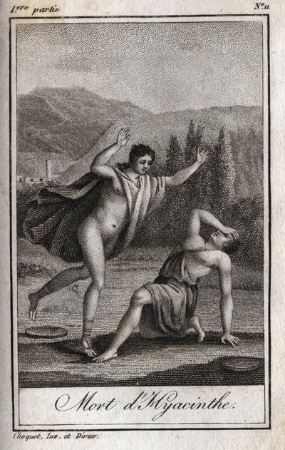 Apollon et Hyacinthos (Mort de Hyacinthe) Gravure de 1819 dans "Lettres à Emilie sur la mythologie" par Charles Albert Demoustier (1760-1801). Collection privée. - Anonymous Anonymous