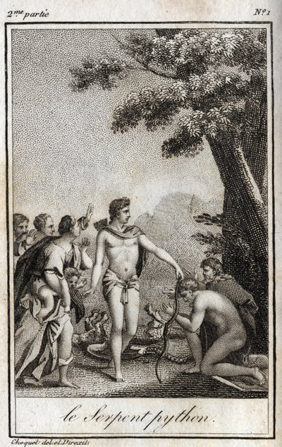 Apollon et le serpent Python sur le mont Parnasse. Gravure de 1819 dans « Lettres à Emilie sur la mythologie » de Charles Albert Demoustier (1760-1801). Collection privée. - Anonymous Anonymous