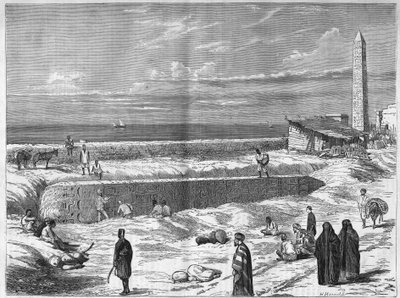 Archéologues en Égypte : les aiguilles (obélisques) de Cléopâtre à Alexandrie. Gravure dans « L