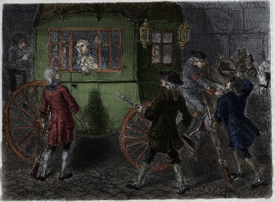 Arrestation de Louis XVI (1754-1793) et de sa famille en fuite à Varennes le 21 juin 1791. Gravure de 1866 dans «Histoire de la Révolution française» d