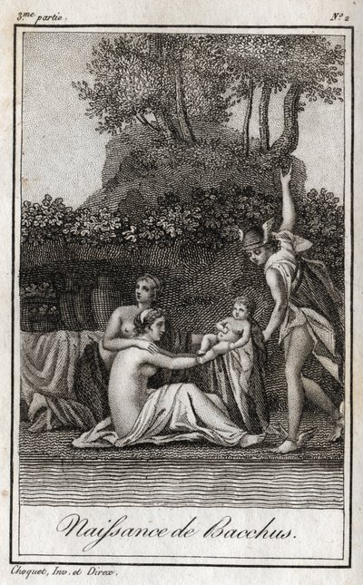 Naissance de Bacchus, fils de Jupiter et Sémélé. Gravure de 1819 dans « Lettres à Émilie sur la mythologie » par Charles Albert Demoustier (1760-1801). Collection privée - Anonymous Anonymous