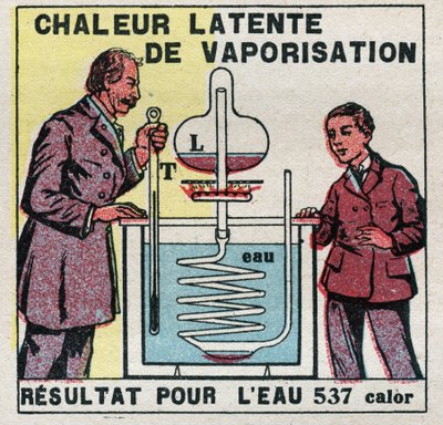 Calorimétrie : la chaleur latente de vaporisation mesurée par le calorimètre de Marcellin Berthelot (1827-1907). Illustration anonyme de 1925. Collection privée - Anonymous Anonymous