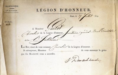 Certificat de remise de la Légion d