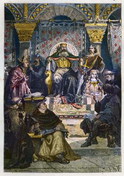 Charlemagne (742 - 814) sur son trône présidant l