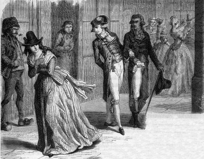 Charlotte Corday chez le coutelier Badin, sous les arcades du Palais-Royal en 1793 - Gravure dans « Histoire des Girondins » par Alphonse de Lamartine (1790-1869) 1865-1866 - Collection privée - Anonymous Anonymous