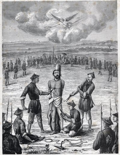 Persécution chrétienne : le prêtre missionnaire français Joseph Marchand a subi le "supplice des cent plaies" en Cochinchine le 30 novembre 1835. Gravure dans "Les Missions Catholiques au XIXe Siècle" par Louis-Eugène Louvet. Collection privée. - Anonymous Anonymous