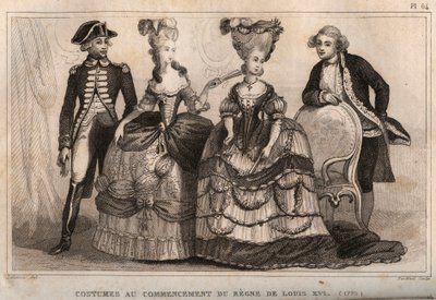 Costumes au début du règne de Louis XVI (1775). Gravure de 1859 dans "Le Monde. Histoire de tous les peuples depuis les temps les plus reculés jusqu