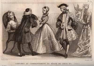 Costumes au début du règne de Louis XV (1720). Gravure de 1859 dans « Le Monde. Histoire de tous les peuples depuis les temps les plus reculés jusqu