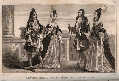 Costumes vers la fin du règne de Louis XIV (1710). Gravure de 1859 dans « Le Monde. Histoire de tous les peuples depuis les temps les plus reculés jusqu