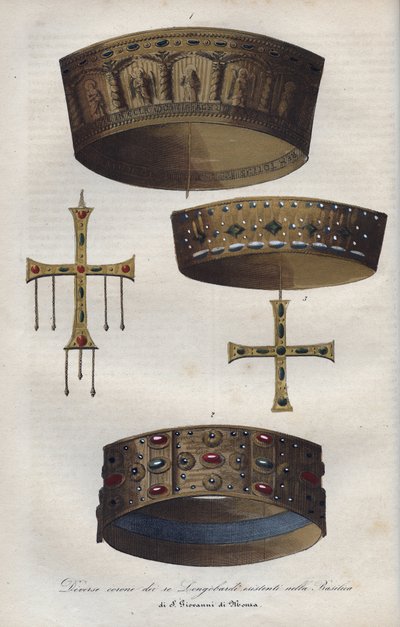 Couronnes des souverains du Royaume Lombard (568-774), conservées dans la Basilique Saint-Jean de Monza - gravure de 