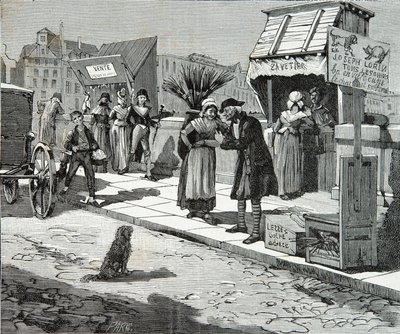 Toiletteurs de chiens sur le Pont Neuf de Paris vers 1796, Gravure, Collection privée - Anonymous Anonymous