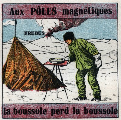 Magnétisme terrestre : aux pôles magnétiques, la boussole perd le nord. Le scientifique James Clark Ross (1800-1862) utilisant une boussole lors de son expédition scientifique en Antarctique. Derrière lui se trouve le volcan Erebus qu