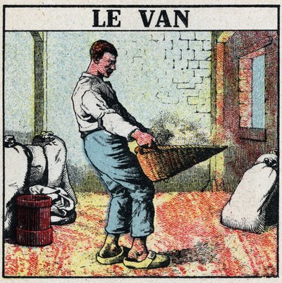 Outillage électrique : le van ou panier en osier utilisé pour essuyer le grain avant l