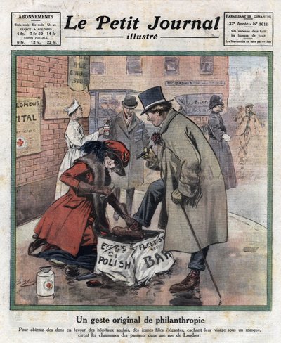 Jeunes filles élégantes, leur visage caché derrière un masque, cirent les chaussures des passants londoniens pour collecter des fonds pour les hôpitaux anglais. Illustration tirée de "Le petit journal illustré" du 06/11/1921 - Anonymous Anonymous