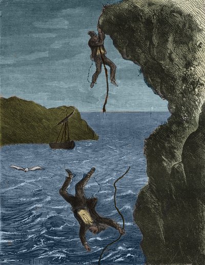 Évasion de deux forces du bagne de Belle-Île-en-Mer au XIXe siècle. Gravure dans « Histoire des bagnes depuis leur création à nos jours » (1877) par Pierre Zaccone. - Anonymous Anonymous