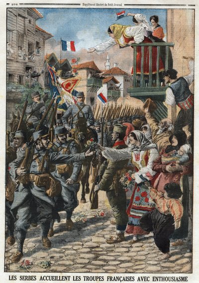 Première Guerre mondiale 1914-1918 : Les Serbes ont accueilli les troupes françaises avec enthousiasme. Gravure dans « Le Petit Journal », le 24/10/1915. Collection privée - Anonymous Anonymous