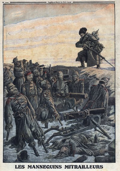 Première Guerre mondiale 1914-1918. Des soldats allemands utilisent des mannequins dans les tranchées avec des mitrailleuses pour tromper l