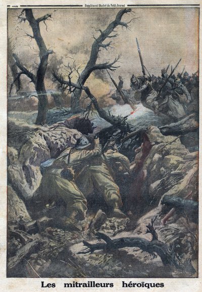 Première Guerre mondiale 1914-1918. Mitrailleurs français tirant sur des militaires allemands attaquants. Dans « Le Petit Journal », le 9/04/1916. Collection privée - Anonymous Anonymous
