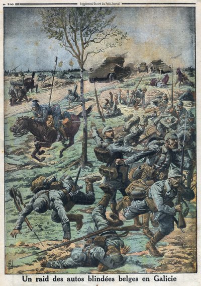 Première Guerre mondiale 1914-1918. Raid de voitures blindées belges en Galicie. Dans 