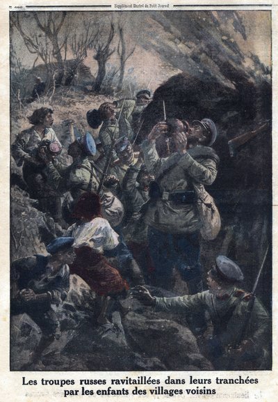 Première Guerre mondiale 1914-1918. Les troupes militaires russes ravitaillées dans leurs tranchées par des enfants des villages voisins. Dans "Le Petit Journal", le 02/04/1916. Collection privée - Anonymous Anonymous