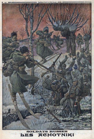 Première Guerre mondiale 1914-1918. Soldats russes Ahotniki sur des skis tirant sur des soldats allemands. Dans 