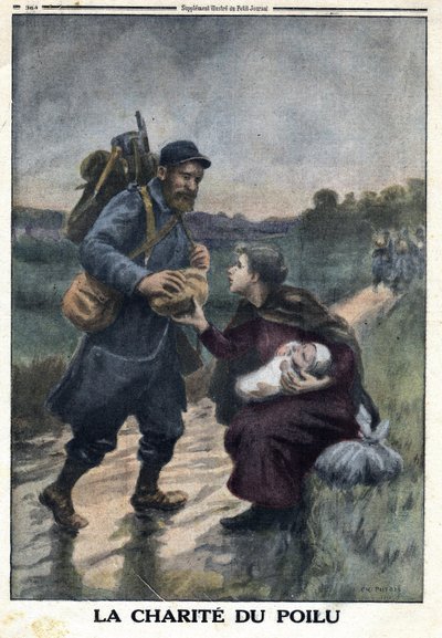 Première Guerre mondiale 1914-1918. La charité du poilu : un soldat français sur un chemin s
