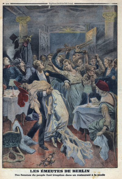 Première Guerre mondiale 1914-1918. Les femmes du peuple envahissent un restaurant à la mode et exigent le retour de leurs maris. Dans « Le Petit Journal », le 16/01/1916. Collection privée - Anonymous Anonymous