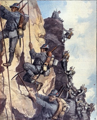 Première Guerre mondiale : chasseurs alpins italiens escaladant un mur dans les Alpes italiennes - Anonymous Anonymous