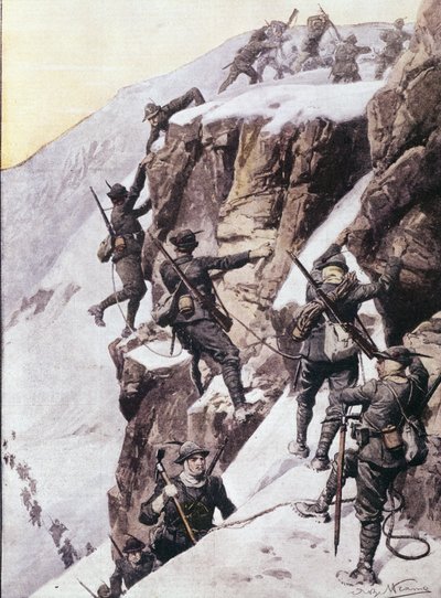 Première Guerre mondiale : chasseurs alpins italiens escaladant le sommet du Tuckettspitze, Alpes vers 1915. Illustration de « La domenica del corriere » - Anonymous Anonymous