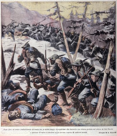 Première Guerre mondiale : chasseurs alpins italiens reprenant aux ennemis le Pal Piccolo, Alpes italiennes 1916 Illustration de « La domenica del corriere » - Anonymous Anonymous