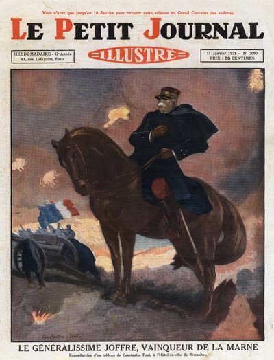 Première Guerre mondiale : portrait du général Joseph Joffre (1852-1931) à cheval, représentant le vainqueur sur le champ de bataille de la Marne (septembre 1914) Illustration d