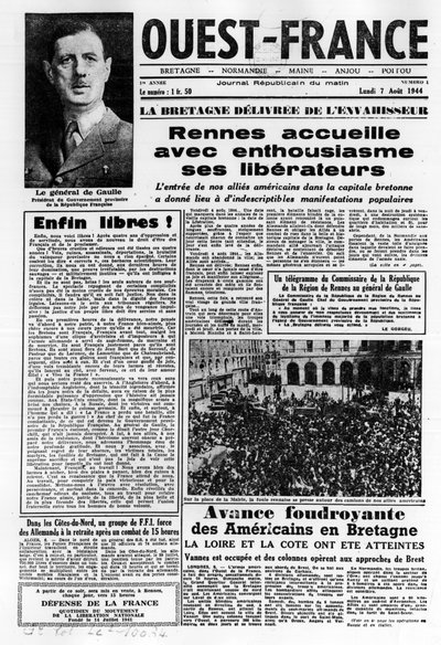 Premier numéro de Ouest-France du 7 août 1944: La Libération dans l