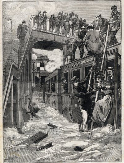 Inondation de la gare de La Chapelle sur la ligne de la petite ceinture à Paris. Gravure. Dans « Le Petit Parisien » - Anonymous Anonymous