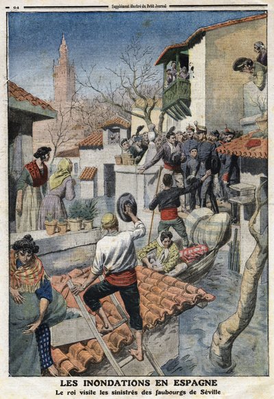 Inondations en Espagne : le roi Alphonse XIII (1886-1941) visite les banlieues sinistrées de Séville. Gravure dans « Le Petit Journal » du 25/02/1912. Collection privée - Anonymous Anonymous