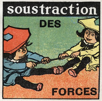 Forces : soustraction des forces. Deux enfants tirant une corde. Illustration anonyme de 1925. Collection privée - Anonymous Anonymous