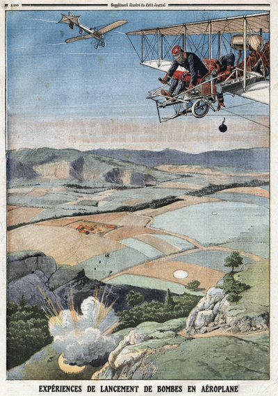 Armée française : « Expériences de lancement de bombes par avion ». Gravure dans « Le Petit Journal », le 14/04/1912. Collection privée. - Anonymous Anonymous