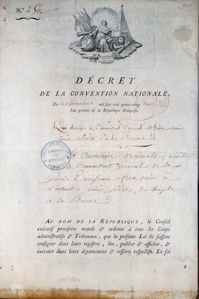 Révolution française : Décret de la Convention du 11/12/1792 ordonnant à la Garde nationale d