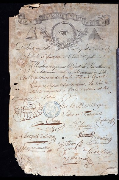 Révolution française : attestation de citoyenneté de Guiot de Saint-Florent (Saint Florent) dit Florent-Guiot (ou Florent-Guyot) (1735-1834), révolutionnaire et représentant du peuple, par le Comité révolutionnaire de Lille datée de l