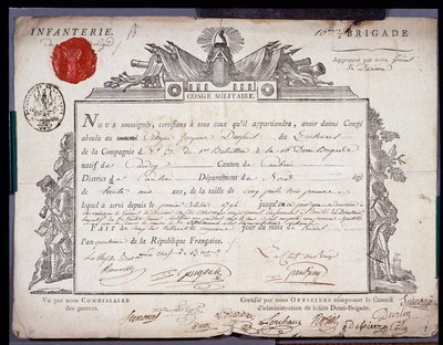Révolution française : document officiel de congé militaire daté du 5 Prairial an IV (24/05/1796) d