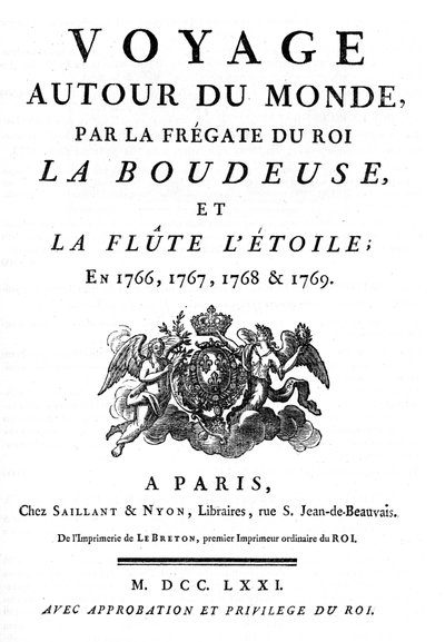 Frontispice de 1771 du livre "Voyage autour du monde par la frégate du roi La Boudeuse et la flûte L