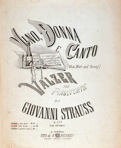 Frontispice de la partition musicale de Vin, Femmes et Chansons par Johann Strauss - Anonymous Anonymous