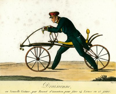Histoire de la bicyclette : la draisienne, une nouvelle voiture très populaire vers 1818. Gravure de 1818. Collection privée - Anonymous Anonymous