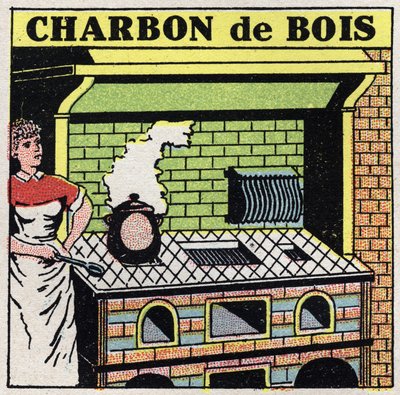 Chauffage domestique : utilisation du charbon dans un poêle. Illustration anonyme de 1925. Collection privée. - Anonymous Anonymous