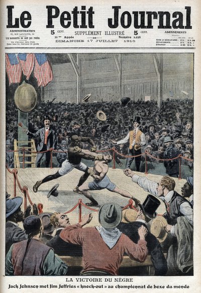 Jack Johnson remportant le championnat du monde de boxe contre Jim Jeffries à Reno, Nevada, le 4 juillet - Anonymous Anonymous