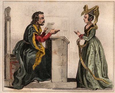Jehan Pastoret (1328-1405), président du Parlement de Paris sous le règne de Charles V avec une noble dame, portant un liripion. Gravure de 1859 dans Le Monde. Histoire de tous les peuples depuis les temps les plus reculés jusqu