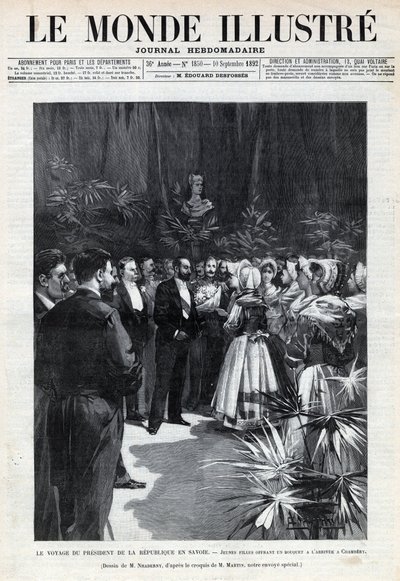 Voyage de Sadi Carnot (1837-1894) en Savoie : le Président de la République est accueilli à Chambéry par des jeunes filles lui offrant un bouquet de fleurs. Gravure dans « Le monde illustré » de 1892. Collection privée. - Anonymous Anonymous