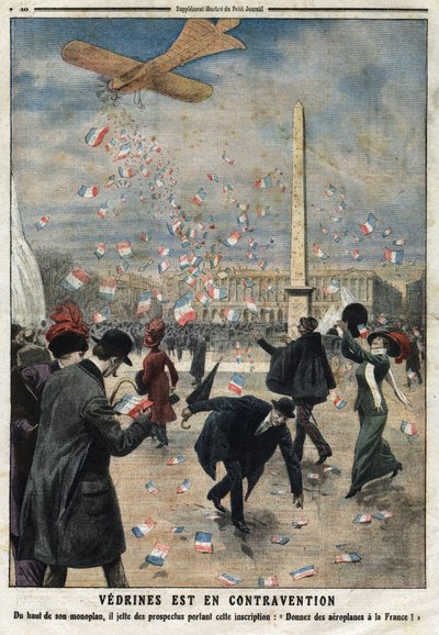 Jules Charles Toussaint Védrines (1881-1919) est en infraction : du haut de son monoplan, il jette des tracts portant l