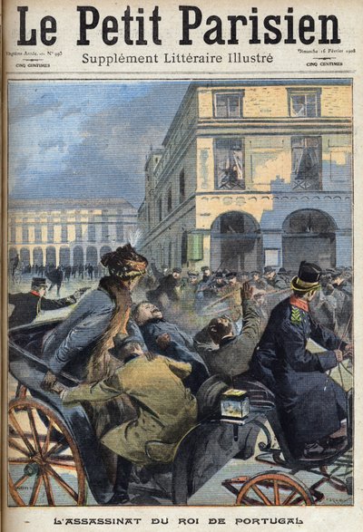 Le roi Charles Ier de Portugal (1863-1908) et le prince héritier Luis Filipe ont été assassinés à Lisbonne par les républicains le 1er février 1908. Dans « Le Petit Parisien » du 16/02/1908. Collection privée - Anonymous Anonymous