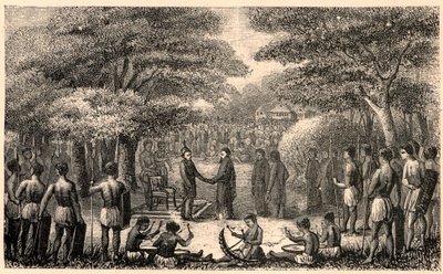 Le roi Lebuschi accueille Henri Depelchin (1822-1900), missionnaire jésuite et premier supérieur de la mission du Haut Zambèze en Afrique. Gravure dans « Les Missions Catholiques au XIXe Siècle » par Louis-Eugène Louvet. Collection privée. - Anonymous Anonymous